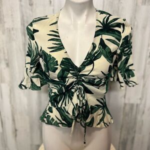 H&M Tropical Leaf Print Tie-Front Peplum Top Size 2